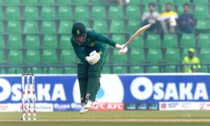 South Africa batsman Matthew Breetzke celebrates after complete century in One-Day International cricket match between South Africa and New Zealand during the Tri-Nation Series 2025 at the Gaddafi Stadium.
