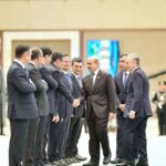 Prime Minister Muhammad Shehbaz Sharif and President of Uzbekistan H.E. Shavkat Mirziyoyev introducing their respective delegations at the official welcoming ceremony held at Congress Centre Tashkent
