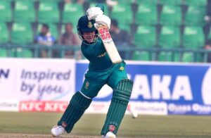 South Africa batsman Matthew Breetzke celebrates after complete century in One-Day International cricket match between South Africa and New Zealand during the Tri-Nation Series 2025 at the Gaddafi Stadium.