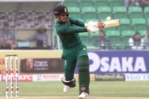 South Africa batsman Matthew Breetzke playing shot in One-Day International cricket match between South Africa and New Zealand during the Tri-Nation Series 2025 at the Gaddafi Stadium.