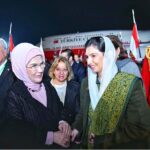 First Lady of Pakistan Aseefa Bhutto Zardari welcoming the Turkish First Lady Mrs. Emine Erdogan at Nur Khan Airbase