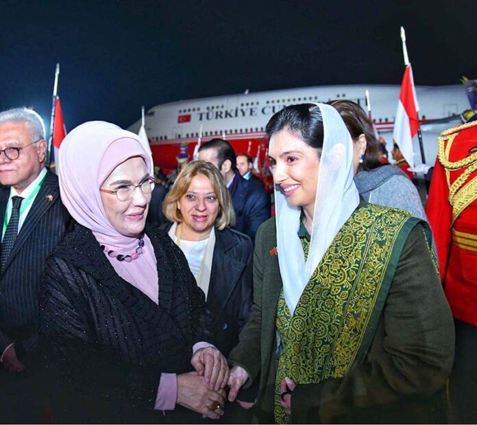 First Lady of Pakistan Aseefa Bhutto Zardari welcoming the Turkish First Lady Mrs. Emine Erdogan at Nur Khan Airbase