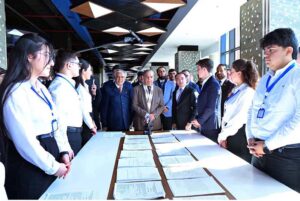Prime Minister Muhammad Shehbaz Sharif being briefed by Mr. Ulvi Mehdiyev, Chairman of the State Agency for Public Service and Social Innovation about the services offered by "ASAN KHIDMAT" during his visit to one of the centers in Baku.