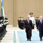 Prime Minister Muhammad Shehbaz Sharif being presented a Guard of Honor at Congress Centre Tashkent