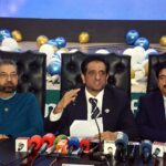 President Faisalabad Chamber of Commerce & Industry (FCCI) Mr. Rehan Naseem Bharara is addressing a press conference after soft launching of FCCI golden jubilee celebrations at FCCI complex