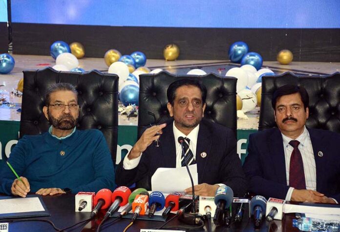 President Faisalabad Chamber of Commerce & Industry (FCCI) Mr. Rehan Naseem Bharara is addressing a press conference after soft launching of FCCI golden jubilee celebrations at FCCI complex
