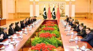 President Asif Ali Zardari along with his delegation in a bilateral meeting with the Premier of the State Council of the People's Republic of China, Li Qiang at the Great Hall of the People.