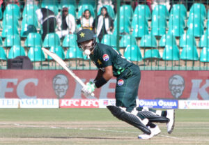 Pakistan's Babar Azam plays a shot during the final one-day international (ODI) cricket match of Tri-Nation series between Pakistan and New Zealand at the National Stadium