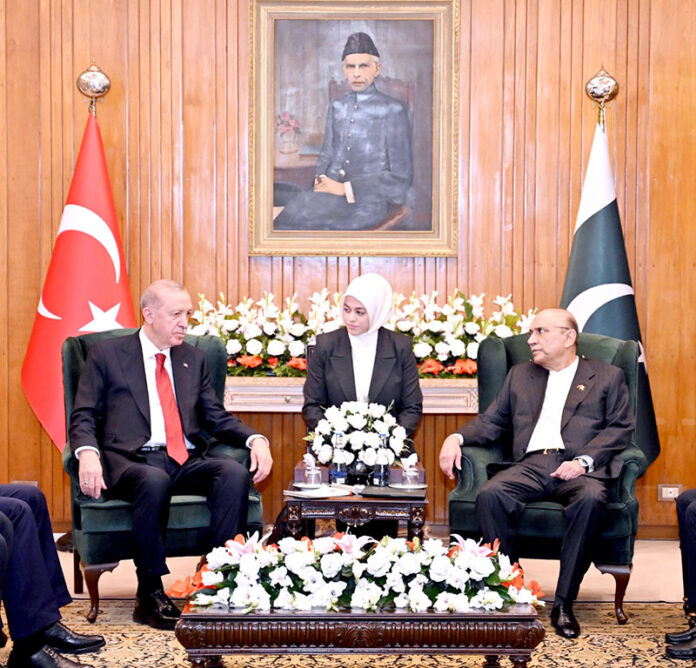 President Asif Ali Zardari in a meeting with the President of Turkiye, Mr. Recep Tayyip Erdogan, at Aiwan-e-Sadr