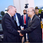 President Asif Ali Zardari welcoming the President of Turkiye, Mr Recep Tayyip Erdogan, upon his arrival at Aiwan-e-Sadr