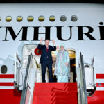 President of Turkiye, Recep Tayyip Erdogan waves back to Prime Minister Shehbaz Sharif, who saw him off at Noor Khan Air Base
