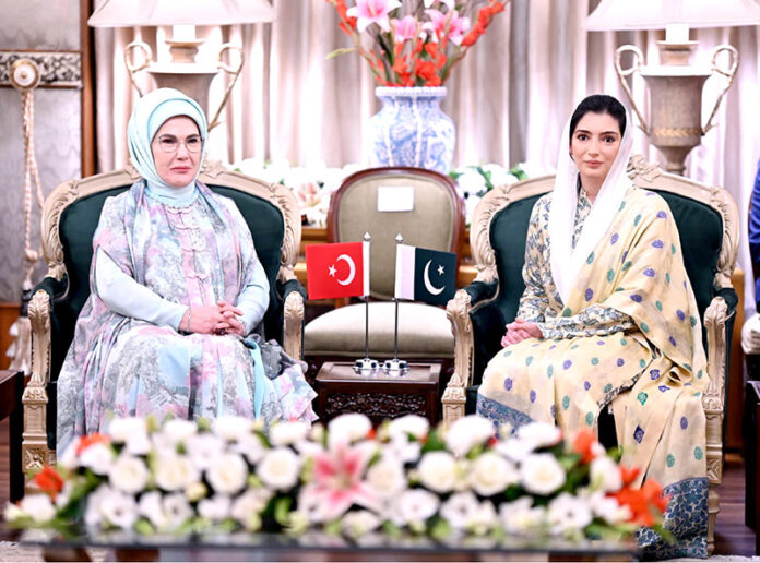 First Lady of Pakistan Ms. Aseefa Bhutto Zardari meeting the First Lady of Turkiye, Mrs. Emine Erdogan, at Aiwan-e-Sadr