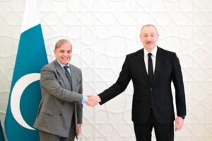 Prime Minister Muhammad Shehbaz Sharif holds one on one meeting with the President of Azerbaijan H.E. Ilham Aliyev before delegation level talks, during his two day official visit to Azerbaijan.