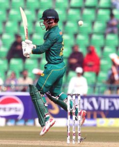South Africa batsman Matthew Breetzke playing shot in One-Day International cricket match between South Africa and New Zealand during the Tri-Nation Series 2025 at the Gaddafi Stadium.