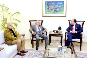 Federal Minister for Finance and Revenue Senator Muhammad Aurangzeb in a meeting with former caretaker Minister for Finance, Shahid Javed Burki at the Finance Division.