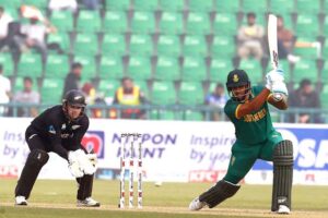 South Africa batsman Matthew Breetzke playing shot in One-Day International cricket match between South Africa and New Zealand during the Tri-Nation Series 2025 at the Gaddafi Stadium.