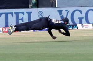 Pakistan's Babar Azam plays a shot during the final one-day international (ODI) cricket match of Tri-Nation series between Pakistan and New Zealand at the National Stadium