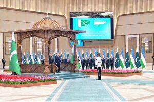 Prime Minister Muhammad Shehbaz Sharif being presented a Guard of Honor at Congress Centre Tashkent