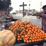 A vendor sprinkles water on seasonal oranges to keep them fresh and attract customers