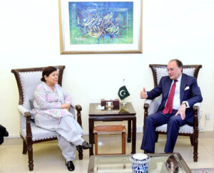 Federal Minister for Finance and Revenue Senator Muhammad Aurangzeb in a meeting with former caretaker Minister for Finance, Ms. Shamshad Akhtar at the Finance Division.