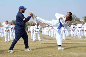 Students are participating in the Chati Race during annual sports event at Multan Public School.