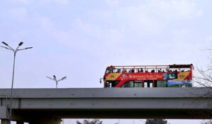 A view of double-decker tour bus service which start from Rawalpindi towards Islamabad for people to visit Faisal Mosque, Daman-e-Koh, Saidpur Village, Parliament House, the Supreme Court, Lok Virsa and the National Museum and other tourist places of Federal Capital
