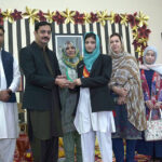 President Chamber of Commerce Khawaja Yaser Qayom and Principal GCTW award shields to position holders of Punjab Board of Technical Education during the Project Exhibition at Govt. College of Technology for Women
