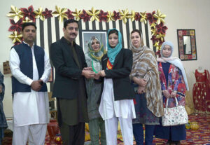 President Chamber of Commerce Khawaja Yaser Qayom and Principal GCTW award shields to position holders of Punjab Board of Technical Education during the Project Exhibition at Govt. College of Technology for Women