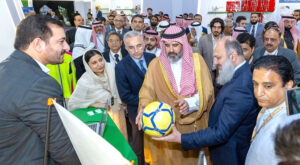 At the 'Made in Pakistan' Exhibition & Business Forum in Jeddah, Federal Minister for Commerce, Jam Kamal Khan, proudly showcasing a Pakistani-manufactured football to His Excellency Ibrahim Al Mubarak, Assistant Minister at the Ministry of Investment, Saudi Arabia, highlighting Pakistan's global reputation in football production, the Minister expressed confidence in Pakistan's contribution to FIFA 2034, aligning with Saudi Arabia's hosting of the prestigious tournament.