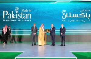 At the 'Made in Pakistan' Exhibition & Business Forum in Jeddah, Federal Minister for Commerce, Jam Kamal Khan, proudly showcasing a Pakistani-manufactured football to His Excellency Ibrahim Al Mubarak, Assistant Minister at the Ministry of Investment, Saudi Arabia, highlighting Pakistan's global reputation in football production, the Minister expressed confidence in Pakistan's contribution to FIFA 2034, aligning with Saudi Arabia's hosting of the prestigious tournament.