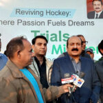Prime Minister Youth Program Chairman Rana Mashhood Ahmed Khan talking to media at the Hockey Stadium