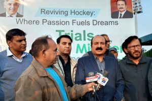 Prime Minister Youth Program Chairman Rana Mashhood Ahmed Khan talking to media at the Hockey Stadium