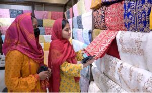 Girls visiting stall during 3 day exhibition organized by Women Chamber Of Commerce at Burj Hurara.