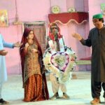 Artists performing in a stage drama " Pyar Zindagi Hai/ Love is Life " on late Saturday night at Arts Council of Pakistan Larkana Hall