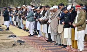 People offering Namaz-e-Istisqa" (prayer for rain) at Allama Iqbal Park.