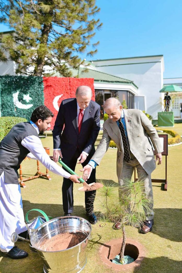 Prime Minister Muhammad Shehbaz Sharif and the President of Turkiye H.E. Recep Tayyip Erdogan plant a sapling at PM House