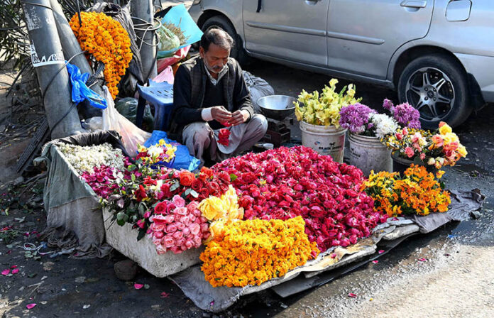 An elderly vendor preparing garlands of fresh flowers to attract the customers at roadside