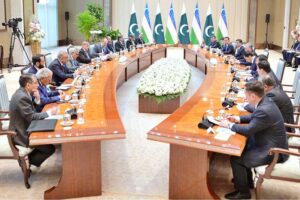Prime Minister Muhammad Shehbaz Sharif and President of Uzbekistan H.E. Shavkat Mirziyoyev hold delegation level talks in Tashkent