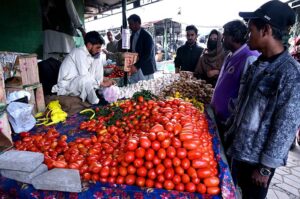 A vendor displays a variety of fruits, commonly used in fruit salads, a staple on the menu for breaking fast during the holy month of Ramdan, attracting customers at H-9 Weekly Bazar.
