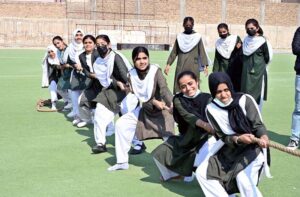 Students participate in the grand opening ceremony of the Girls Larkana Sports Festival 2025 at MA Khuhro Sports Complex.