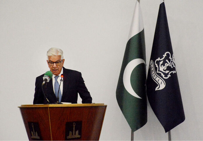 Federal Minister for Defence Khawaja Asif addressing the inaugural session of AMAN Dialogue 2025 'Secure Seas - Prosperous Future' as a chief guest