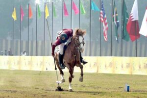 Horse rider participating in tent pegging competition during the Horse and Cattle Show at Benin Tree Pole Ground under the supervision of PHA.
