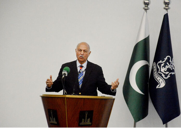 Senator Mushahid Hussain Syed delivering opening remarks in the AMAN Dialogue 2025 'Secure Seas - Prosperous Future