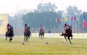 Horse rider participating in tent pegging competition during the Horse and Cattle Show at Benin Tree Pole Ground under the supervision of PHA.