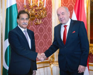 President of Hungary, Mr. Tamás Sulyok, welcoming the Speaker National Assembly, Sardar Ayaz Sadiq at Sándor Palace in Budapest, Hungary.