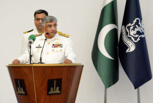 Chief of the Naval Staff (CNS) Admiral Naveed Ashraf NI (M) T Bt delivering welcome address during the AMAN Dialogue 2025 'Secure Seas - Prosperous Future