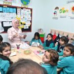 The First Lady of Turkiye, Mrs. Emine Erdogan, interacted with students in a classroom during her visit to the Maarif School in Sector H-8