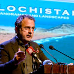 Federal Minister of Energy Sardar Awais Ahmed Khan Leghari addresses the audience at the launch of a coffee table book and large-format photo exhibition in the federal capital