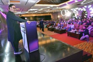 Governor Gilgit-Baltistan Syed Mehdi Shah addressing during function “Knox Inverter's Mega Minds 2025”