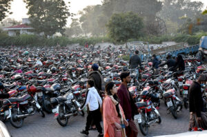 A view of a large number of motorcycles parked outside Manto Park